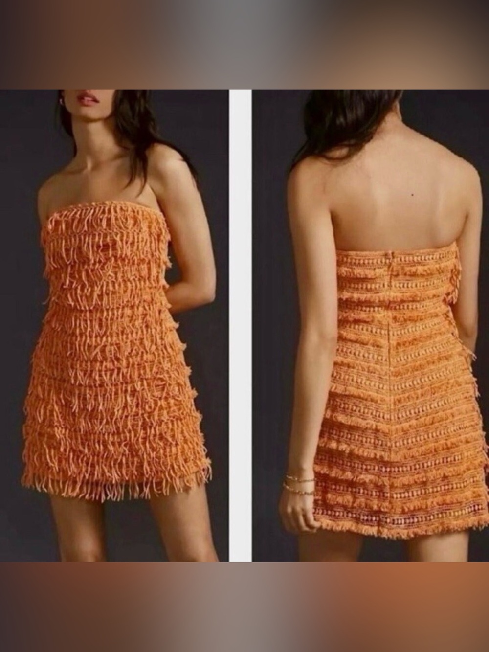 🧡 Anthropologie Let Me Be Orange Fringe Tube Mini Dress Size M